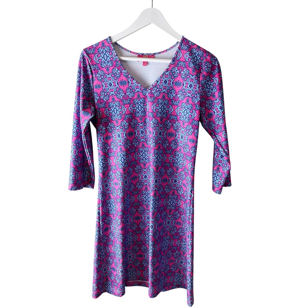 Kaeli Smith Womens Pink Blue Geometric Medallion V-Neck 3/4 Sleeve Shift Dress S